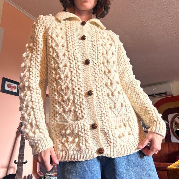 1990s handmade vintage button up wool fishermans aran cardigan! - Picture 1 of 16